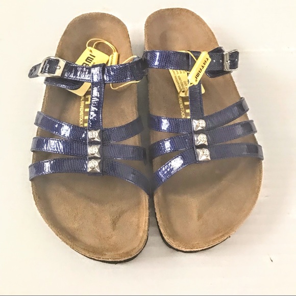 NEW BIRKENSTOCKS Blue Rhinestone Leather Suede Cork Sandals Tatami Size 38 US 7 - Picture 2 of 13